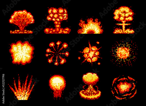 Pixel game explosion, burst, fire. Air attack hit burst pixel game asset, atomic bomb explosion flash retro arcade vector asset. Dynamite explosive fiery detonation 8bit game pixel icons