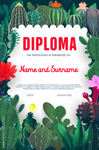 Diploma for florist, cactuses and succulents, certificate appreciation award, vector template background. Diploma award for florist and landscape design with agave cactus and opuntina