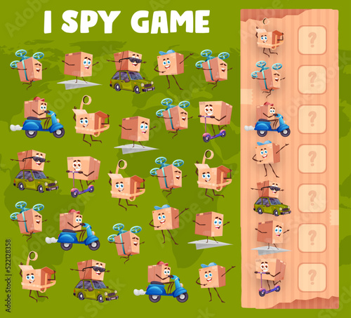 I spy game worksheet cartoon package box characters. Kindergarten children math game with objects searching and counting task, vector counting puzzle or kids riddle with parcel box funny personages