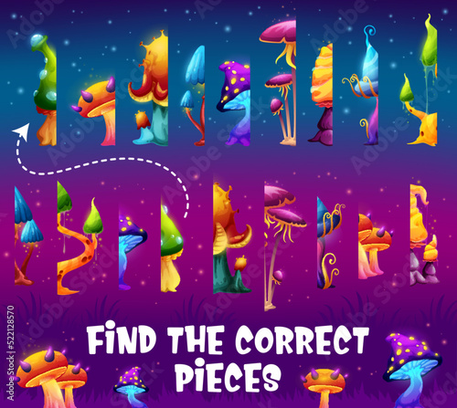 Find the correct half piece of magic mushroom. Game worksheet. Kids educational game vector worksheet or children quiz, parts search riddle with magic fungi, luminous fluorescent fantasy mushrooms