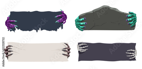 Halloween banners with witch, skeleton, vampire, zombie and werewolf hands. Vector Halloween monster hands holding blank paper signs and gravestones, horror night party and trick or treat event invite