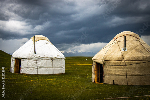 dramatic sky in the mountains, yurt camp, near song-köl lake, kyrgyzstan, central asia, hail storm