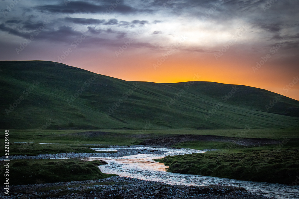 river, sunset at mountains in Kyrgyzstan, Song-Köl, Central Asia, river, sunset at mountains in Kyrgyzstan, Song-Köl, Central Asia,