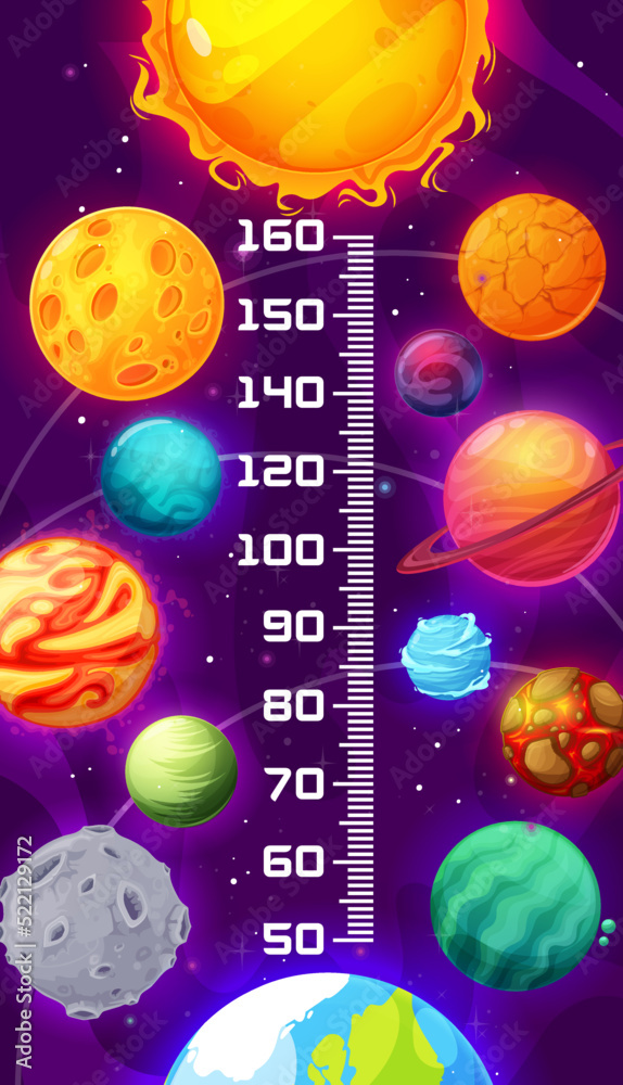Galaxy kids height chart, cartoon space planets and stars. Vector growth measure wall sticker scale for children height measurement. Universe, outer cosmos with shining solar system or fantasy planets
