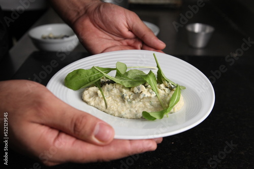 italian polenta and blue cheese dish close up top view