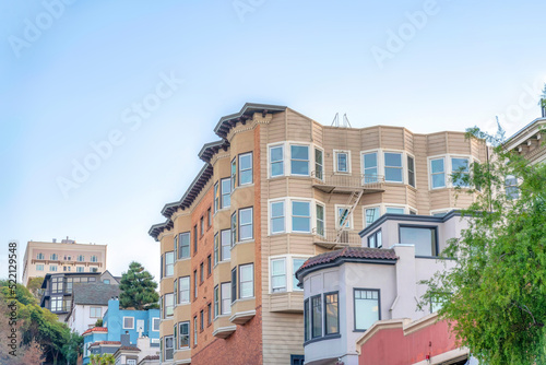 Low-rise residential buildings on a sloped suburbs of San Francisco  CA