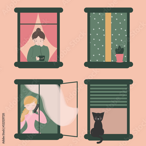 illustration of house with windows, people, cat and plants