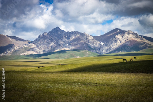 mountain landscape in kyrgyzstan, central asia, clouds, summer pasture