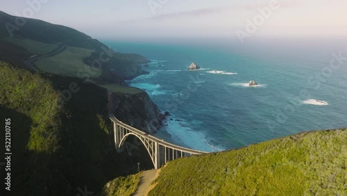 American National Scenic Byway along Big Sur coast within unique natural wilderness. Drone footage over scenic drive right up to the beach. High quality 4k footage