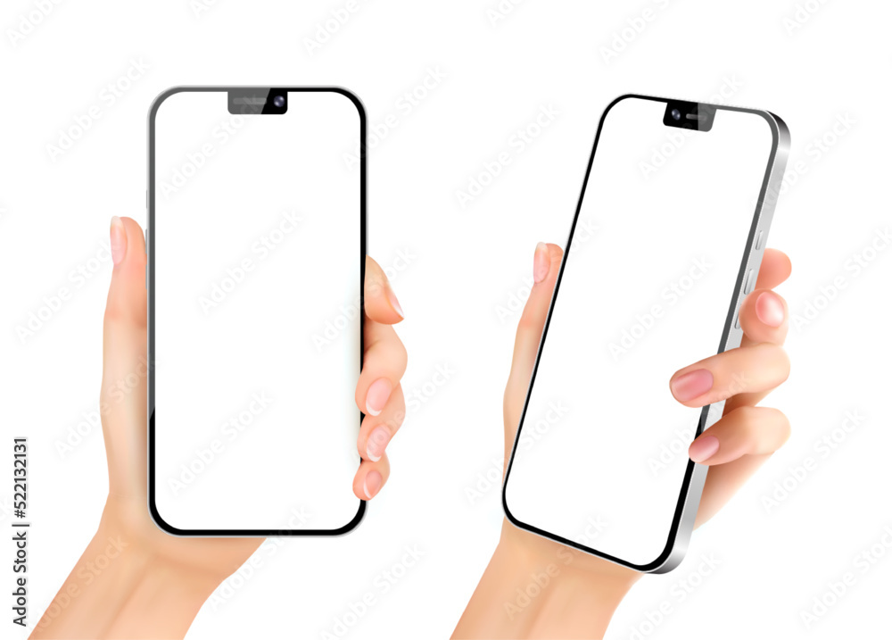 Hand holding the black smartphone device with a white empty touching ...