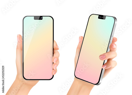 Woman hand holding the black smartphone device with empty touching screen isolated on white background