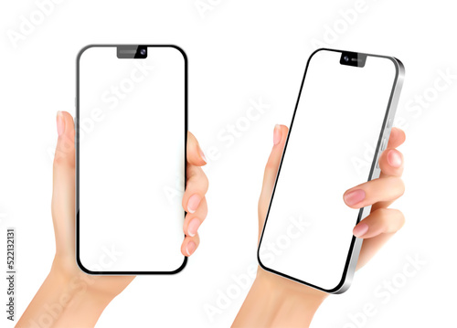 Hand holding the black smartphone device with a white empty touching screen isolated on white background. Two positions vertical and angled. Vector