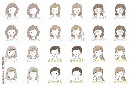 若い女性の顔アイコン（笑顔・困り顔・びっくり顔）