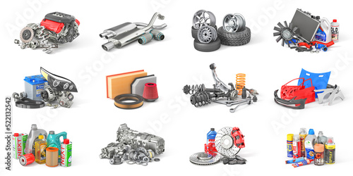 Set of auto parts isolation on a white background. 3d illustration