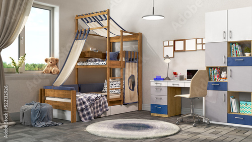 Modern children room with creative bunk bed, round rug and study area, 3d illustration