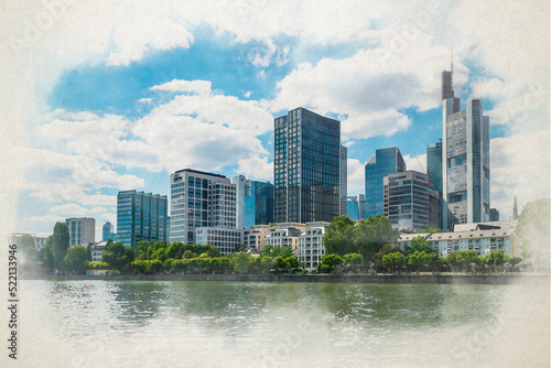 Frankfurt city skyline and the river of Frankfurt am Main in Germnay. Digital watercolor illustration photo