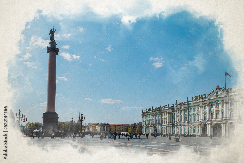 State Hermitage Museum at the Palace Square in Saint Petersburg, Russia. Digital watercolor illustration. 