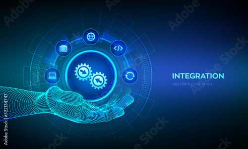 Fototapeta Naklejka Na Ścianę i Meble -  Integration data system. System Integration technology concept in wireframe hand. Industrial and smart technology. Business and automation solutions. Vector illustration.