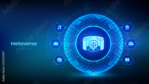 Metaverse virtual world technology concept. 3D visualization and simulation. Artificial intelligence. Augmented reality and virtual technology. Hexagonal grid sphere background. Vector illustration.
