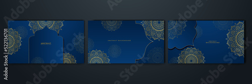 Luxury golden mandala wedding invitation card with abstract pattern. Luxury abstract blue and gold background with mandala pattern