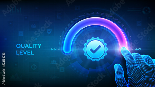 Quality levels growth. Wireframe hand is pulling up to the maximum position circle progress bar with the quality icon. Quality improvement assurance certification service concept. Vector illustration.