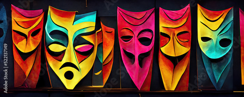 Theater, drama and comedy masks with curtains, box office and posters in the background. AI-generated digital painting. photo