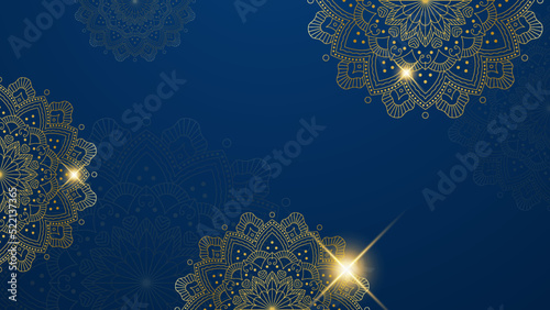 Mandala arabic blue Islamic design background. Universal ramadan kareem banner background with lantern, moon, islamic pattern, mosque and abstract luxury islamic elements