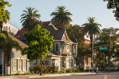 Sunset view of historic downtown Santa Ana, California, USA.