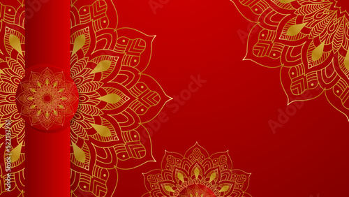 Luxury red gold mandala background for wedding card template with golden arabesque pattern Arabic Islamic east background style. Decorative mandala for print, poster, cover, flyer, banner.