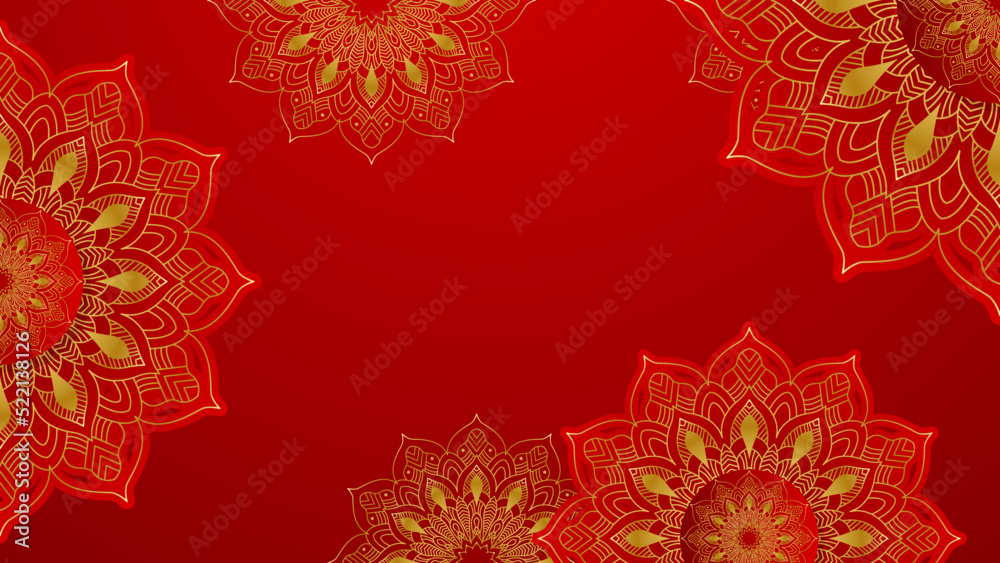 Luxury abstract red and gold background with mandala pattern. Decorative mandala for print, poster, cover, flyer, banner.