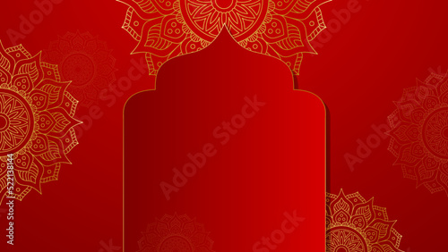 Luxury red gold mandala background for wedding card template with golden arabesque pattern Arabic Islamic east background style. Decorative mandala for print, poster, cover, flyer, banner.