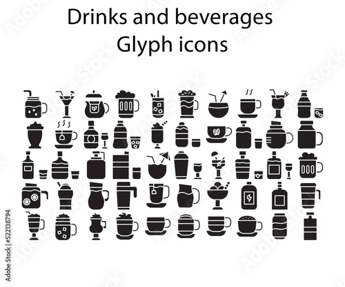 Drinks and beverages glyph icons. Set of drinks and beverages glyph icons.