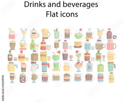 Drinks and beverages flat icons. Set of drinks and beverages flat icons