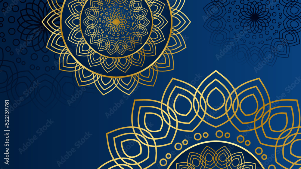 Ramadan Kareem banner with 3d metallic golden crescent moon, paper cut abstract arabesque flowers and Arabic handwritten calligraphy. Translation Ramadan Kareem. Vector.