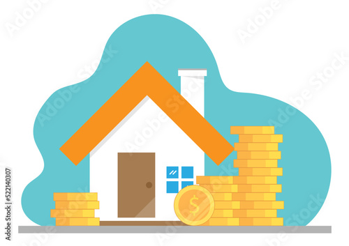 Real estate concept. Save money for home, refinance, loan, mortgage and investment property. Vector illustration flat design. House and stack of coins. Isolated on white background. 