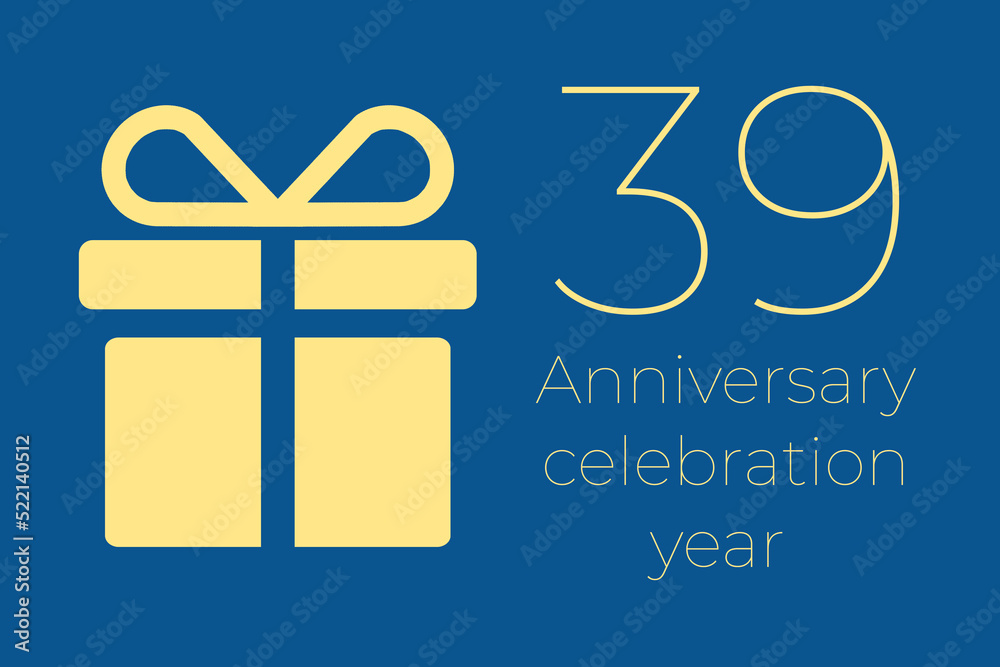 39 logo. 39 years anniversary celebration text. 39 logo on blue background. Illustration with yellow gift icon. Anniversary banner design. Minimalistic greeting card.  thirty-nine  postcard