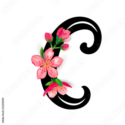 Hand drawn letter C with spring pink flowers isolated on white background. Vector illustration.
