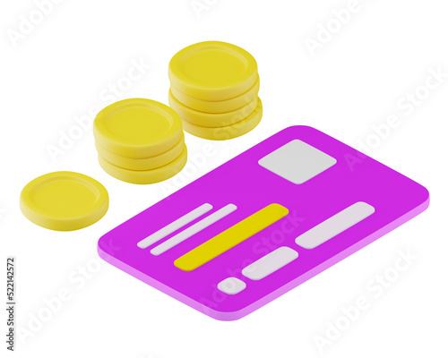 Isometric illustration of financial concept, sales, shopping, online sales, business, credit card and coins icon, 3d illustration photo