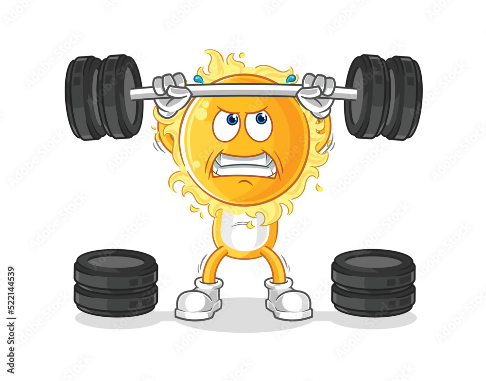 sun lifting the barbell character. cartoon mascot vector sun lifting the barbell character. cartoon mascot vector