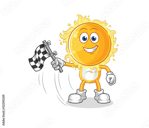 sun hold finish flag. cartoon mascot vector