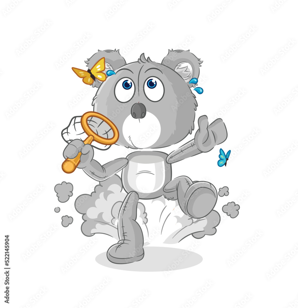 koala catch butterfly illustration. character vector