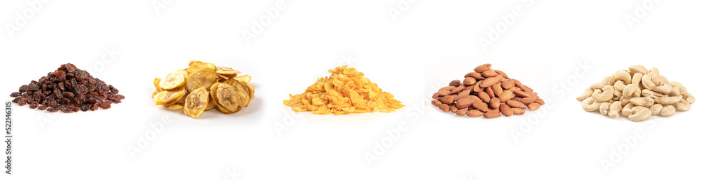 Set of different dry fruits isolated on white background. Set of different dry fruits isolated on white background.