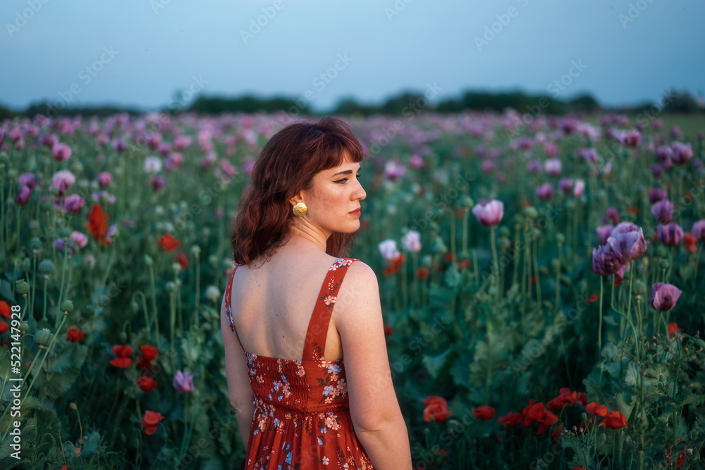 Stylish Redhead Woman In The Floral Dress Among The Flowers Stylish Redhead Woman In The Floral Dress Among The Flowers