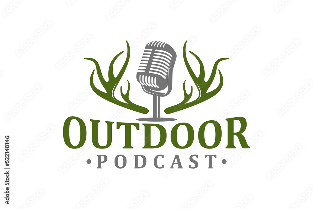Outdoor podcast microphone and Deer antlers logo design illustration 