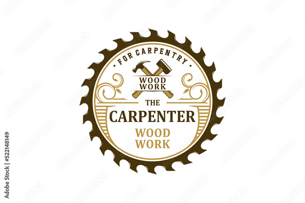 Fototapeta premium Woodwork logo circular saw hammer icon symbol carpentry design handyman lumberjack work