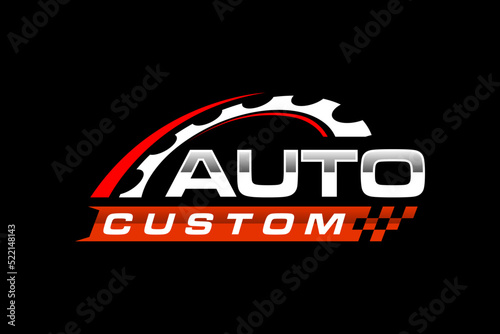 Automotive logo cog gear workshop design checkered flag racing speed shop repair custom garage