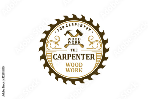 Woodwork logo circular saw hammer icon symbol carpentry design handyman lumberjack work