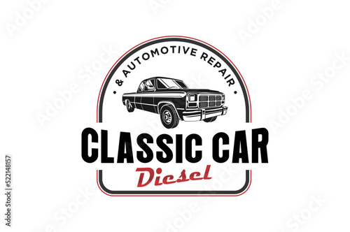 Classic car diesel logo design automotive old double cabin truck workshop icon symbol black silhouette 