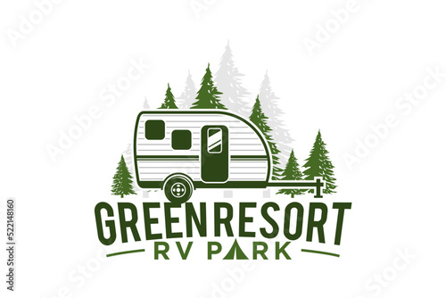 Recreational Vehicle logo design holiday journey traveler pine tree forest RV silhouette