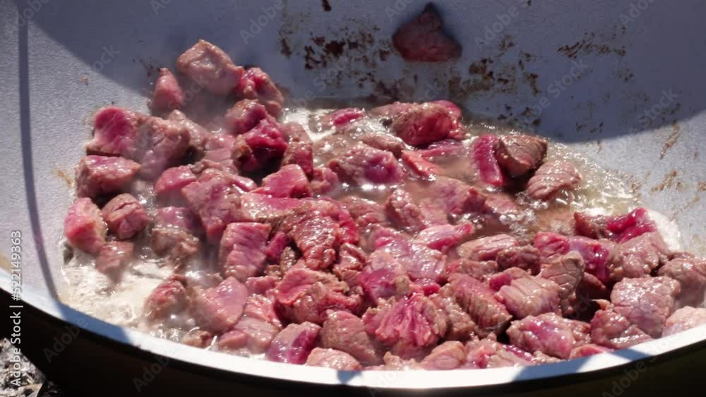 Meat fries in own juice in white cauldron on open fire. Person prepares juicy pieces of meat for picnic outdoors at bright sunlight extreme closeup Meat fries in own juice in white cauldron on open fire. Person prepares juicy pieces of meat for picnic outdoors at bright sunlight extreme closeup